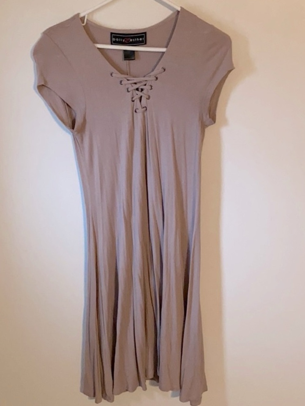 Polly & Esther Taupe Lace-Up V-Neck Midi Dress